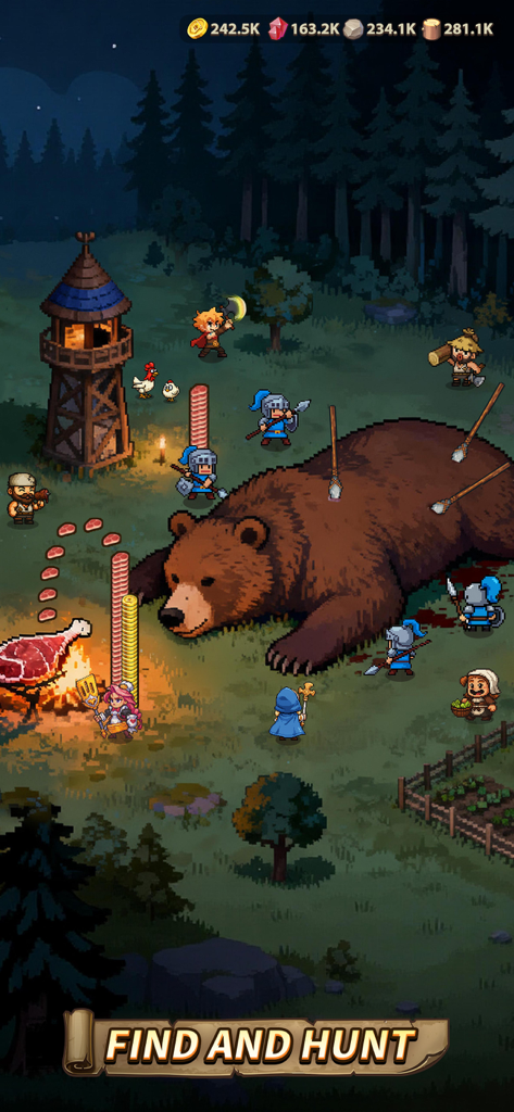 Top Heroes: Kingdom Saga - Pixel art heroes gathered around a giant bear after a hunt in Top Heroes Kingdom Saga