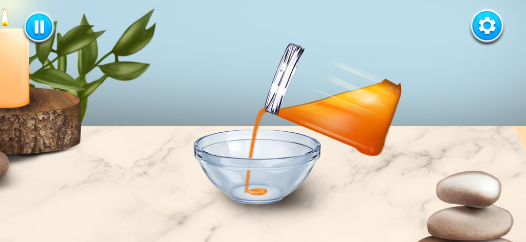 ASMR Hospital : Doctor Games - Orange liquid poured into a glass bowl in a relaxing spa setting for ASMR gameplay