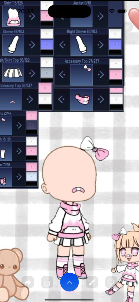 Make gacha life character girl - Mobile app interface for customizing a Gacha life girl character with pink and white clothing and accessories