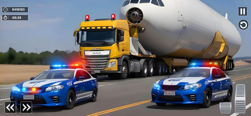 Cargo Plane Truck Transport - Un camión pesado remolcando el fuselaje de un avión con escolta policial en un juego de simulación de vehículos