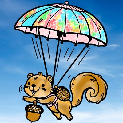 a squirrel parachuting with an acorn umbrella