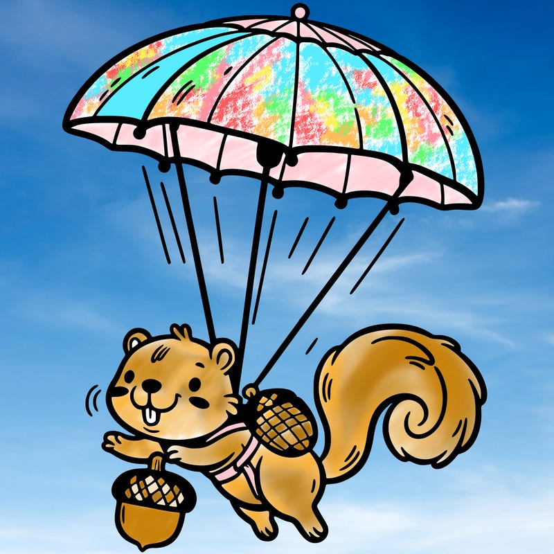 a squirrel parachuting with an acorn umbrella