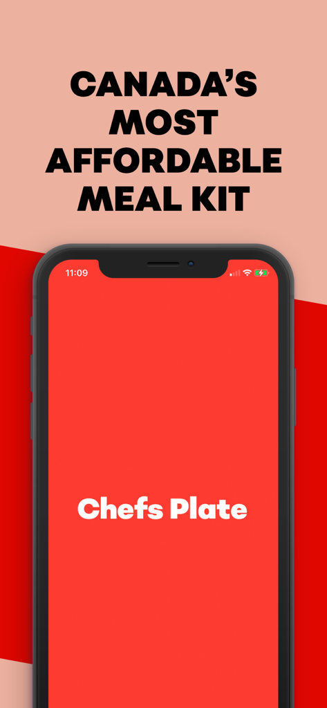 Logotipo de la app Chefs Plate en la pantalla de un smartphone con el texto El kit de comida más asequible de Canadá.