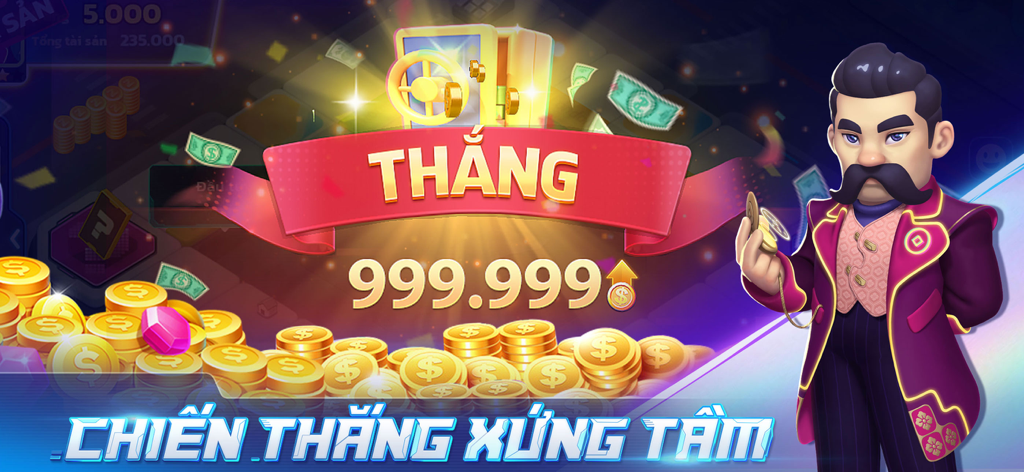 Cờ Tỷ Phú 2 ZingPlay - Tela de vitória no jogo de tabuleiro Cờ Tỷ Phú 2 ZingPlay mostrando um personagem com moedas de ouro