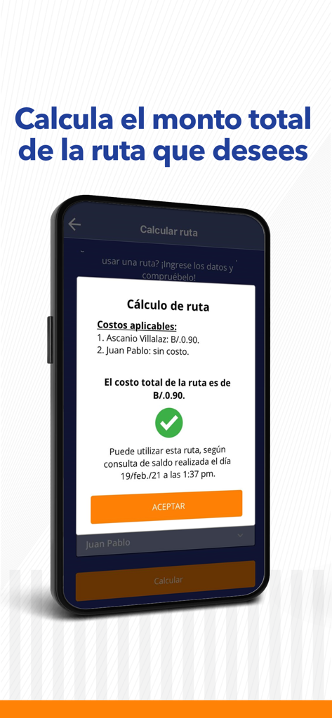 Panapass - Panapass app interface showing the total cost for a selected highway route