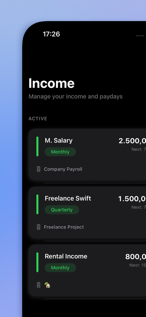 Ypsilon - Ypsilon mobile app interface showing a list of active income sources like salary and freelance projects