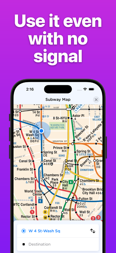 Momego app interface showing an offline NYC subway map with a tagline indicating it works without signal.