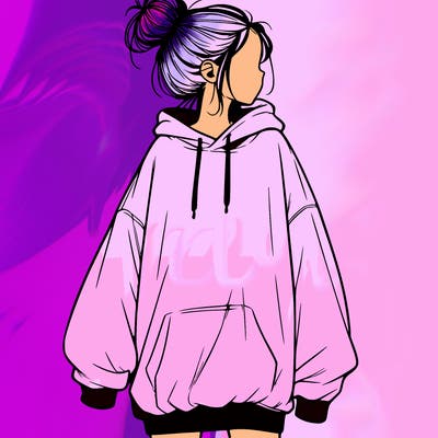 realistic girl with a oversized sweatshirt on and a bun
