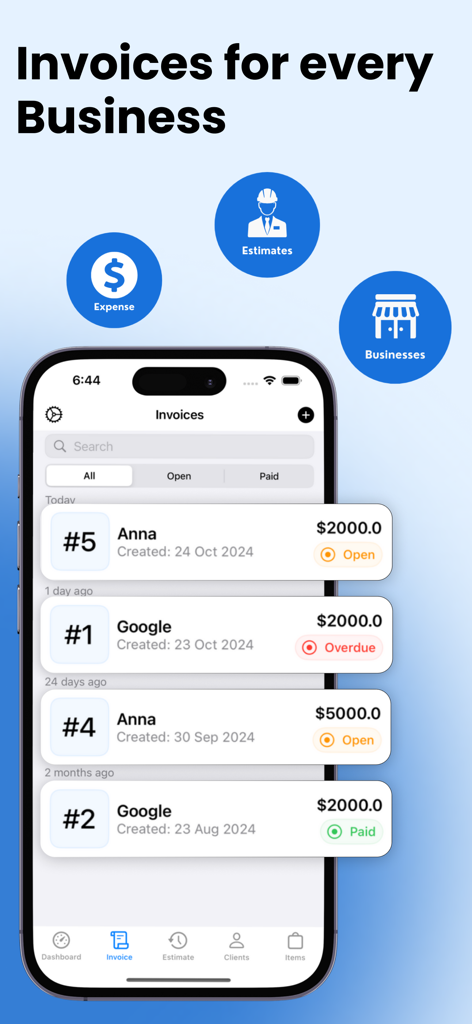 Screenshot der Invoice Maker App, die eine Liste von Rechnungen mit Status wie offen und überfällig auf einem Mobiltelefon anzeigt.