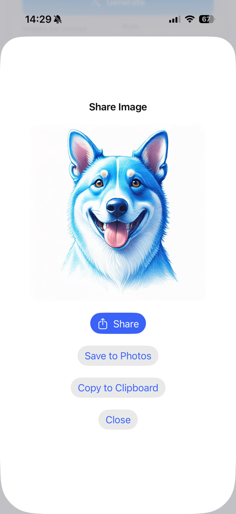 Image Play Studio - Share screen of Image Play Studio app featuring a blue AI-generated dog illustration with options to save and share