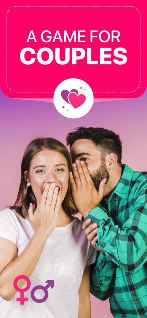 Couple Game : Spicy Challenges - Un hombre susurra a una mujer sorprendida en un banner promocional para la aplicación Couple Game