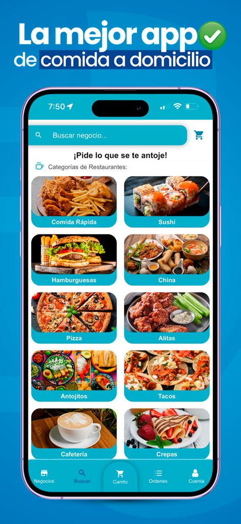 Vesli mobile app home screen showing food delivery categories like sushi burgers and pizza in Chilpancingo