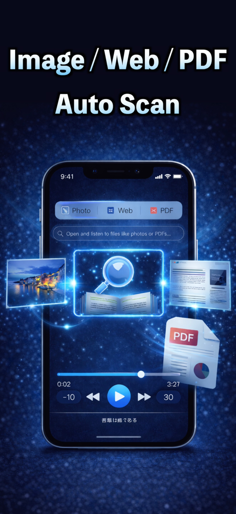 Interfaccia dell'app Voice Reader che mostra le funzionalità di scansione automatica per immagini, contenuti web e file PDF
