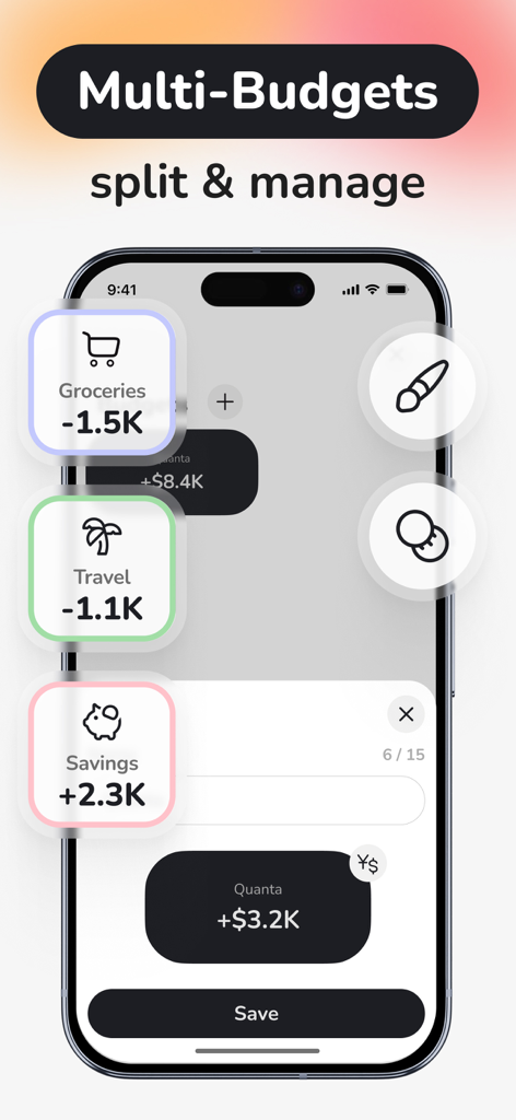Interface of the Quanta AI app showing multi-budget management with categories for groceries, travel, and savings.