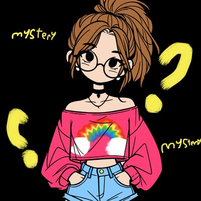 girl with a messy ponytail glasses a baggy crop top and jean shorts