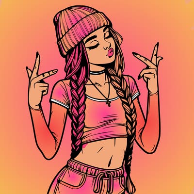 realistic teenage girl with braids and a beanie and crop top doing 🫶🏼