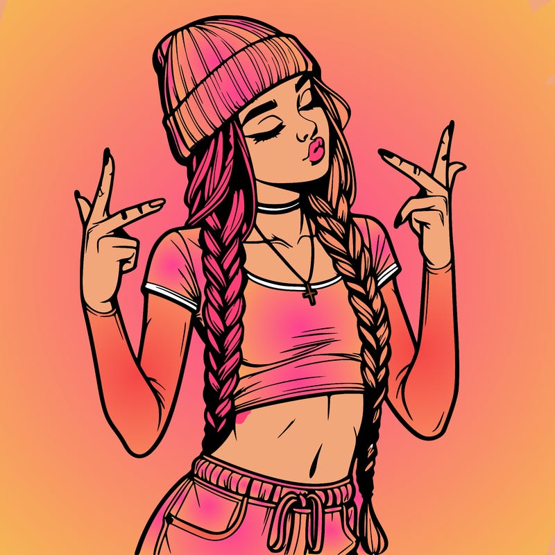 realistic teenage girl with braids and a beanie and crop top doing 🫶🏼