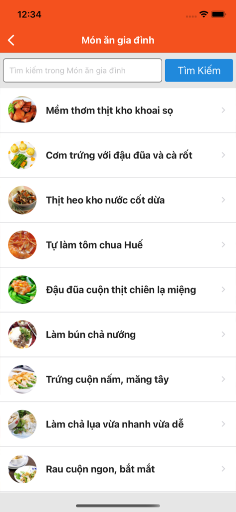 A search results screen displaying various Vietnamese family meal recipes with thumbnail images