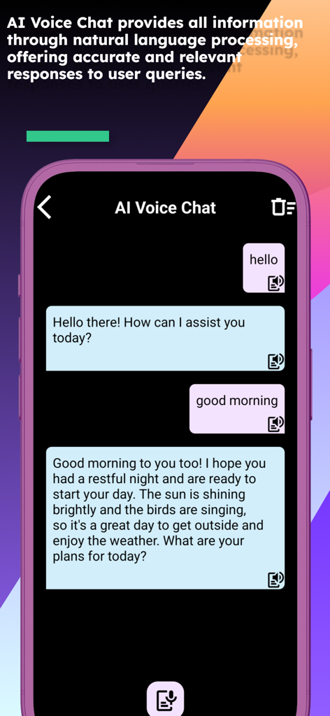 English Swahili Translator - AI Voice Chat screen showing a conversation in the English Swahili Translator app