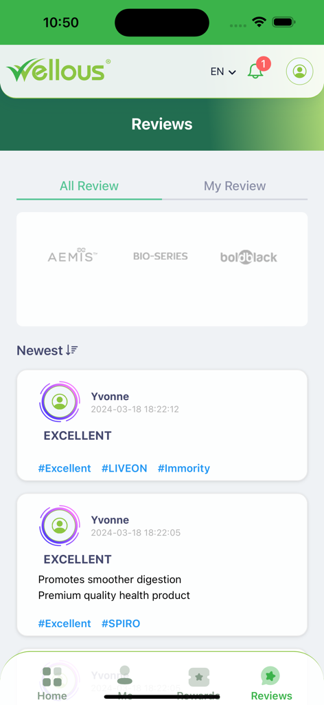 WellFam - WellFam app reviews screen showing positive customer feedback and health product ratings