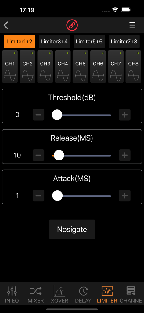 SP480 - Interfaz del limitador DSP de audio para coche SP480 que muestra los deslizadores de umbral, liberación y ataque