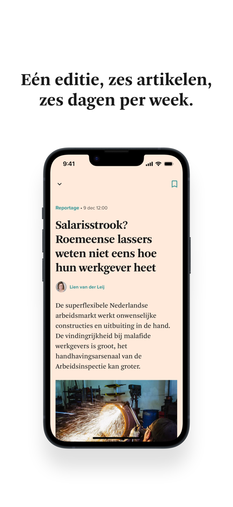 FD Compact - A screenshot of the FD Compact news app on an iPhone displaying a curated Dutch financial article with a daily limit headline.