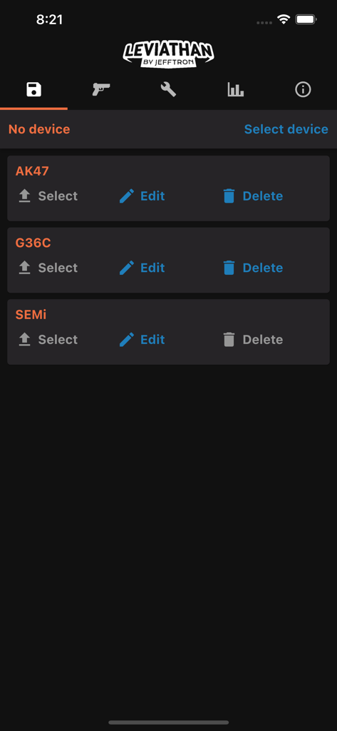 List of saved airsoft gun configuration profiles in the Leviathan by JeffTron app.