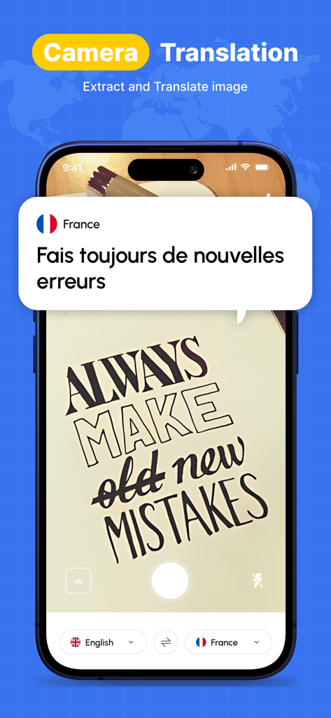 AI Translator: Travel Lens - A smartphone screen showing the camera translation feature of AI Translator Travel Lens converting English text on a notebook into French.