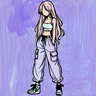 girl in baggy pants crop top and long hair