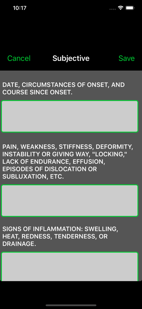 My VA Benefits - Form within the My VA Benefits app for documenting subjective injury symptoms, medical onset, and inflammation for VA disability claims.