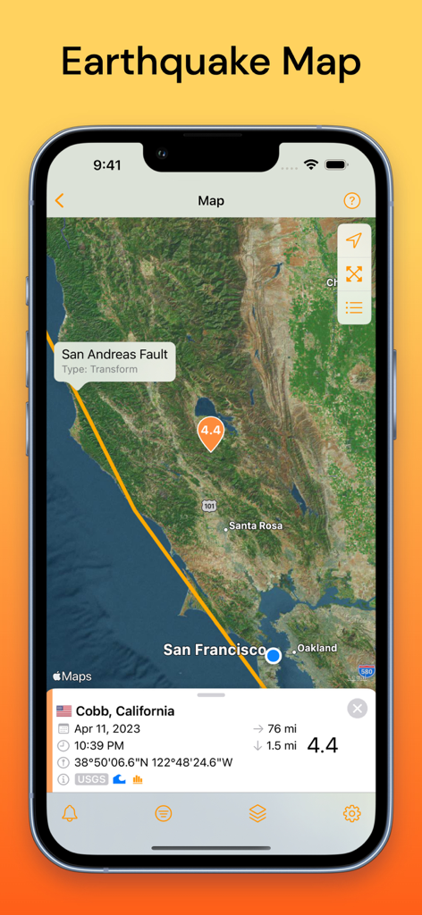 QuakeFeed earthquake map showing a magnitude 4.4 event near San Francisco and the San Andreas Fault line