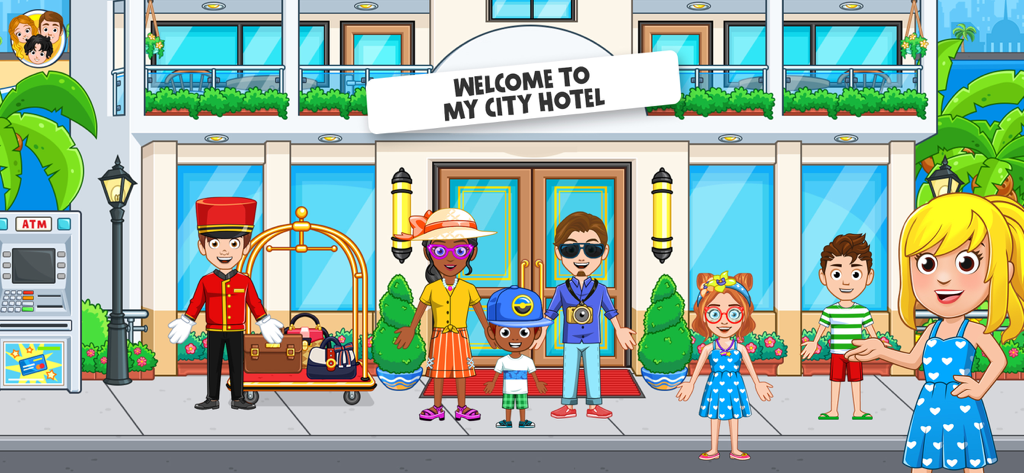 A group of cartoon characters and a bellhop standing in front of the My City Hotel entrance.