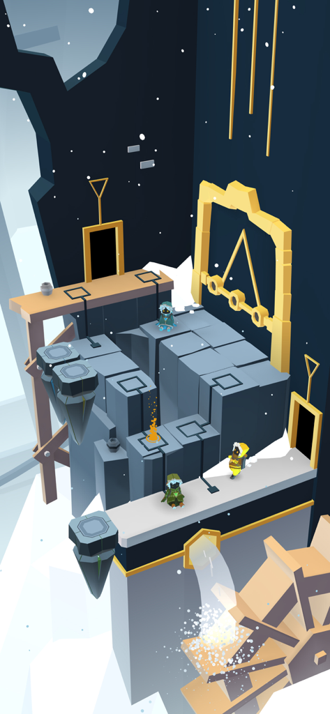 Three explorers working together to solve a complex stone puzzle on an icy mountain