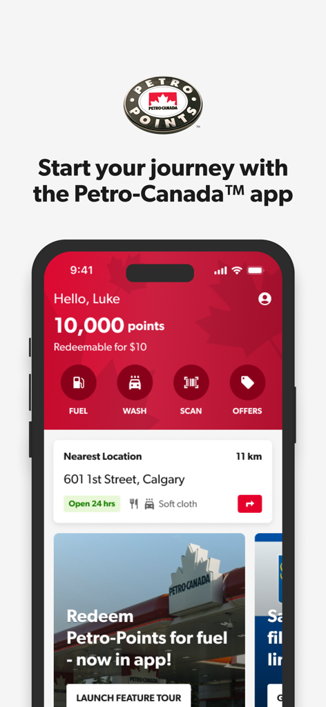 Petro-Canada app home screen displaying loyalty points balance and station locator