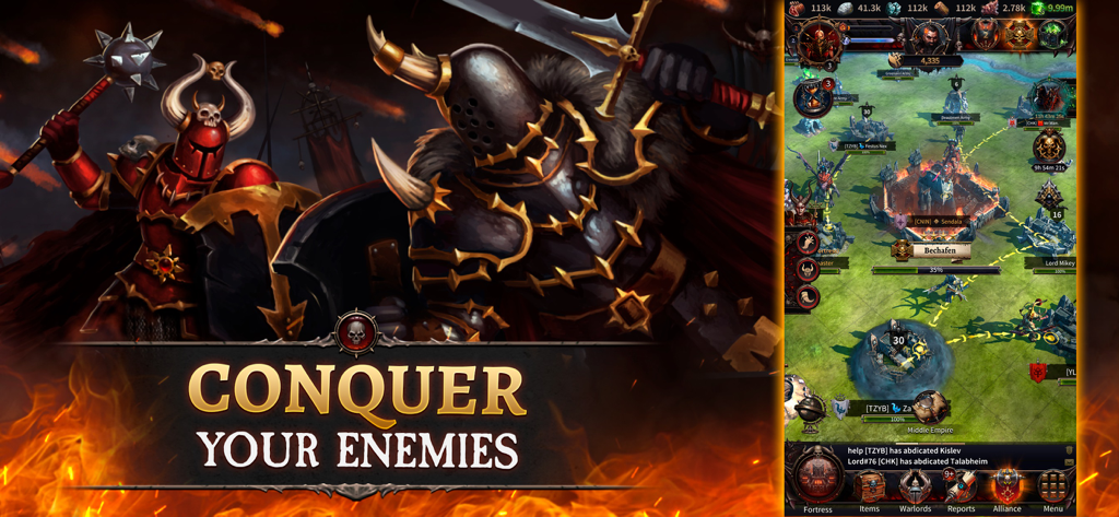 Warhammer: Chaos & Conquest - Armored Chaos warriors and strategy map view in Warhammer Chaos and Conquest mobile game.