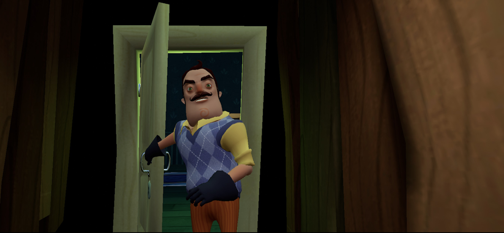 The Neighbor character from Hello Neighbor opening a door and looking out.