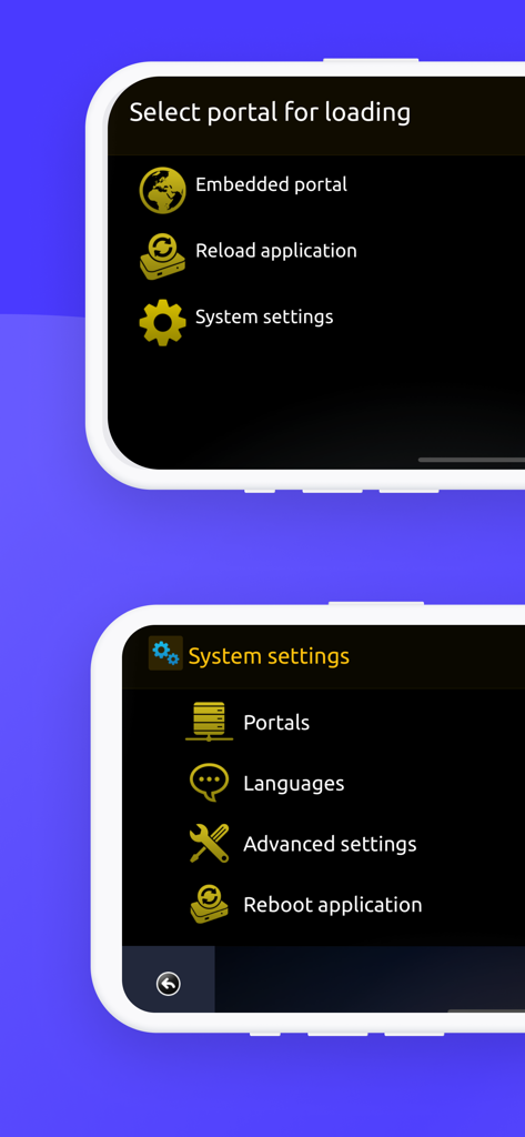 Interface of the Smart STB app showing portal selection and system settings menus