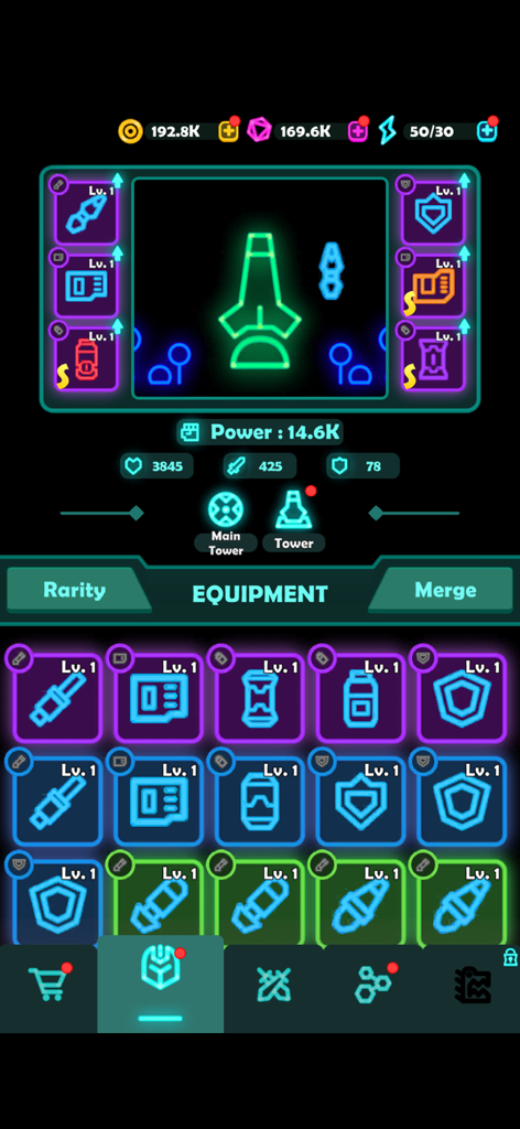 Spaceship equipment menu and inventory in Falltopia idle RPG