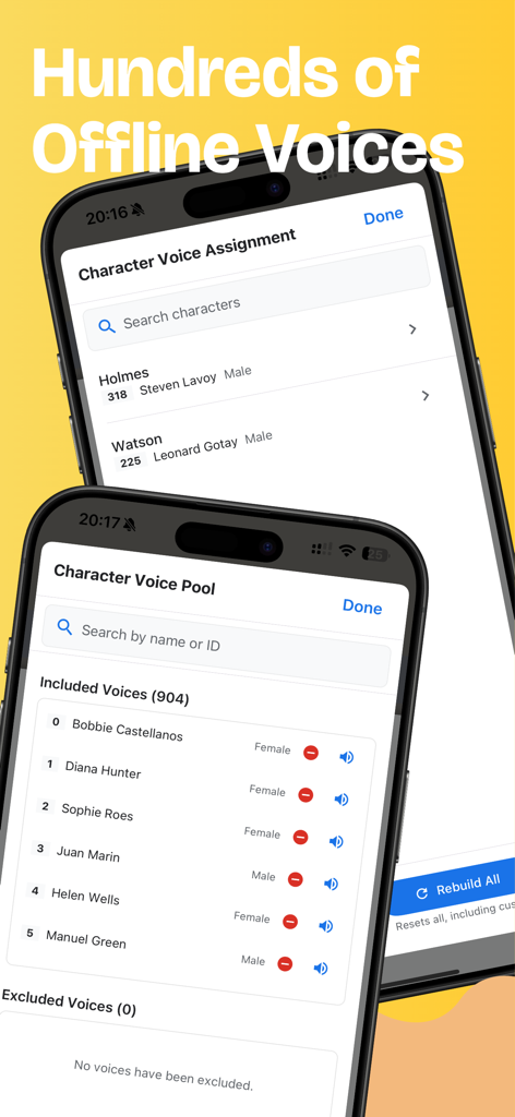 BookNPC - AI TTS eBook Reader - Tela do celular mostrando a atribuição de voz do personagem para Holmes e Watson e um pool de mais de 900 vozes offline disponíveis.