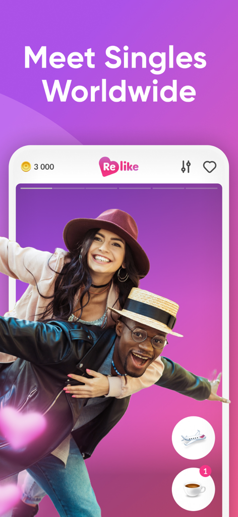 Relike: Dating, Chat & Meet up - Relike dating app interface showing a happy couple and options for coffee and travel invitations