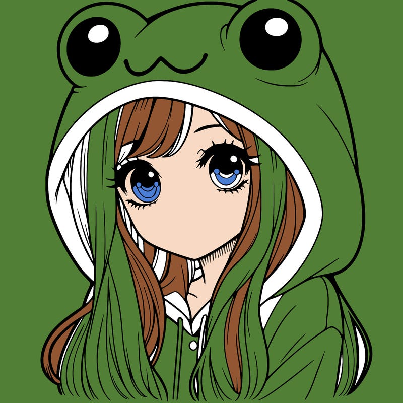 a pretty girl wearing a frog hoodie portrait with long hair