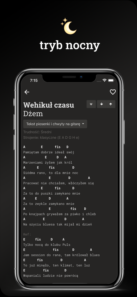 Songbook - Interfaz de la aplicación móvil Songbook mostrando acordes de guitarra y letras con el modo nocturno activado