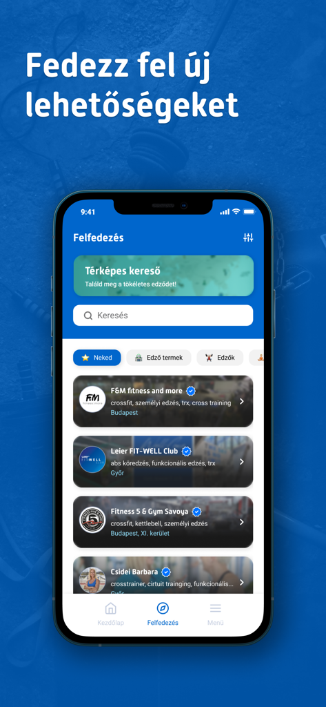 SportMate app discovery interface showing a list of fitness clubs and personal trainers in a mobile app.