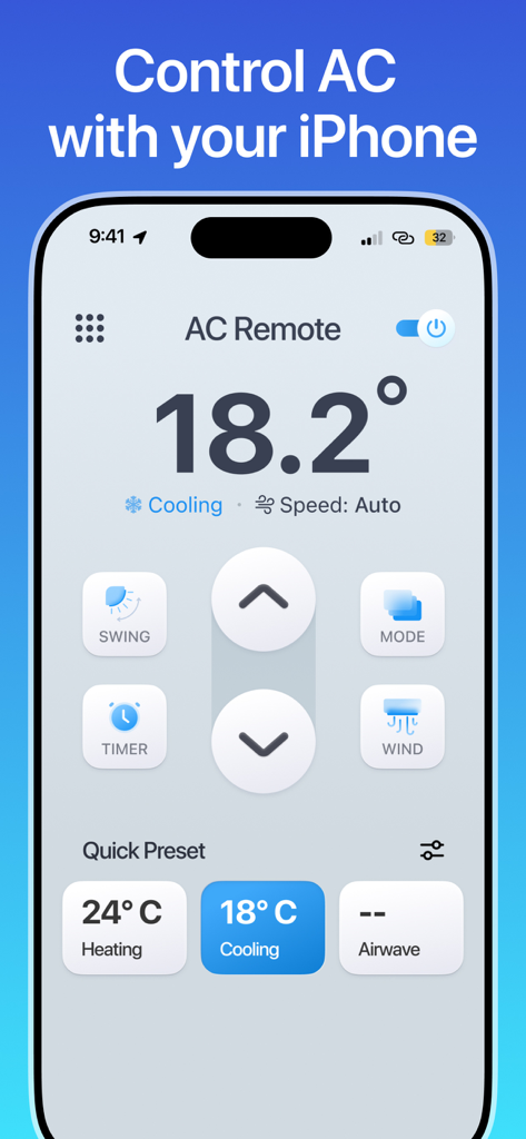 Air Conditioner Controller - Interface d'application mobile pour contrôler les paramètres du climatiseur sur un iPhone