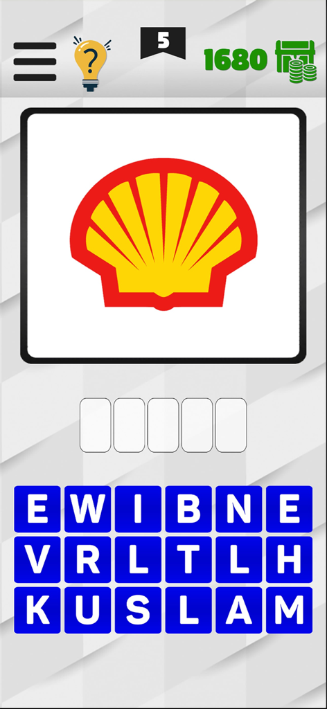 Captura de pantalla del juego BrandMaster Logo Quiz que muestra el desafío del logo de la empresa Shell con una cuadrícula de letras para adivinar