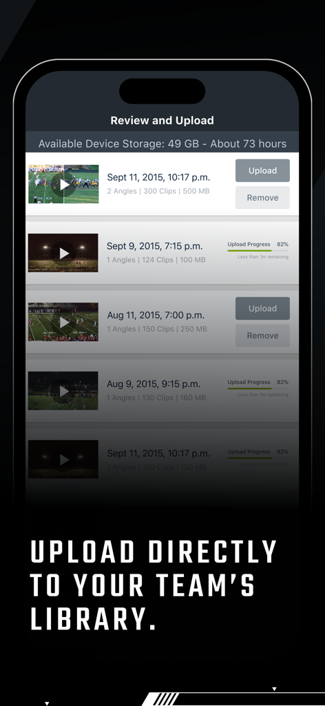 Hudl Sideline app interface showing the Review and Upload screen with football game film clips