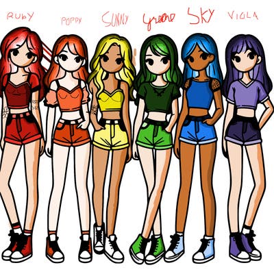 a group of girls wearing crop tops and shorts