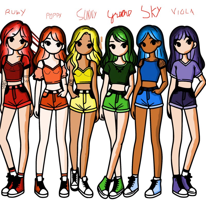 a group of girls wearing crop tops and shorts