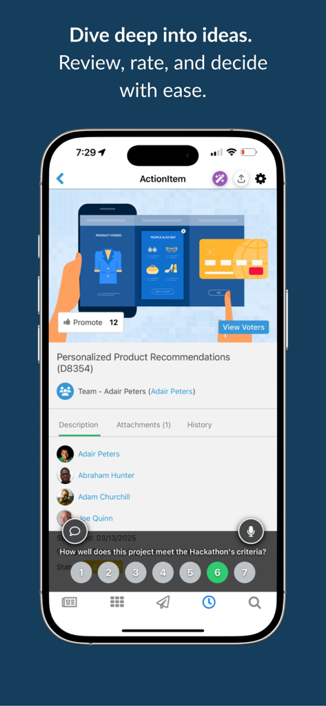 Interface do aplicativo Ideas by Brightidea mostrando um item de ação para revisar e classificar uma ideia de negócio
