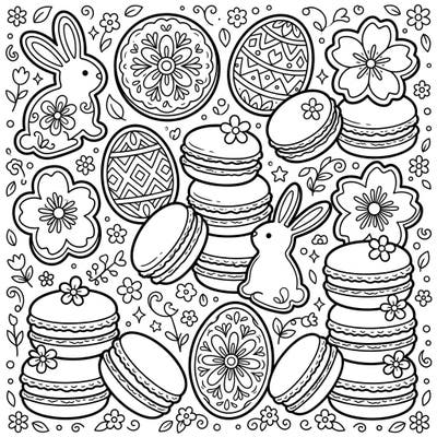 Hop into spring with this adorable Easter coloring page featuring a festive array of cookies and macarons. Discover delightful bunny shapes, beautifully decorated egg cookies, and stacks of sweet treats ready for your creative touch.